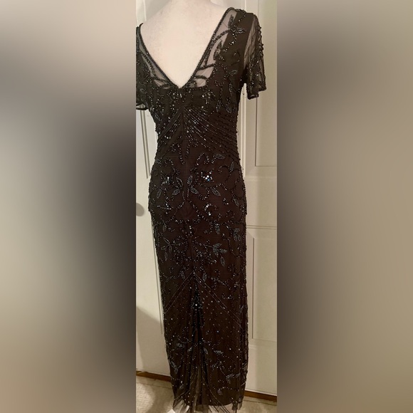 Pisarro Nights Cosmic Navy Beaded Gray Mesh Column  Formal Party Gown Size 4 - Picture 3 of 11